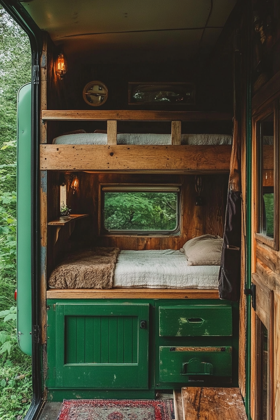 Tiny house camper. Exterior with vintage green paint, interior with wooden loft bed.