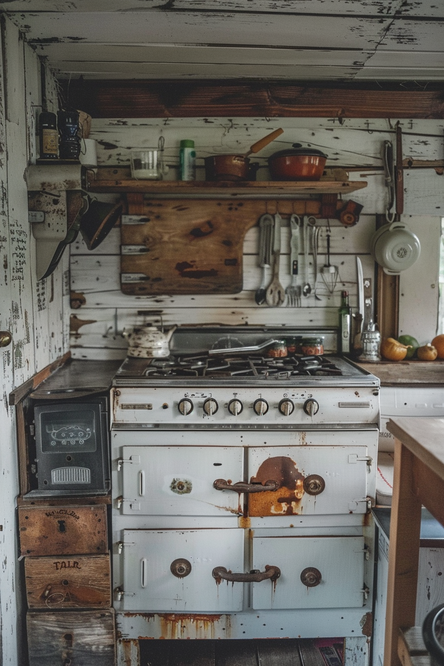 Rustic camper van kitchen. Vintage gas stove against weathered wooden walls.