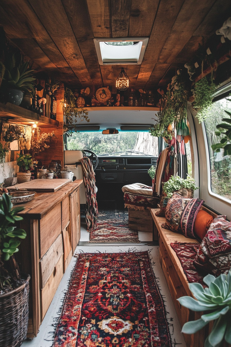 Boho-Luxe Camper Van. Exposed rustic timber, Turkish rugs, and hanging succulents.