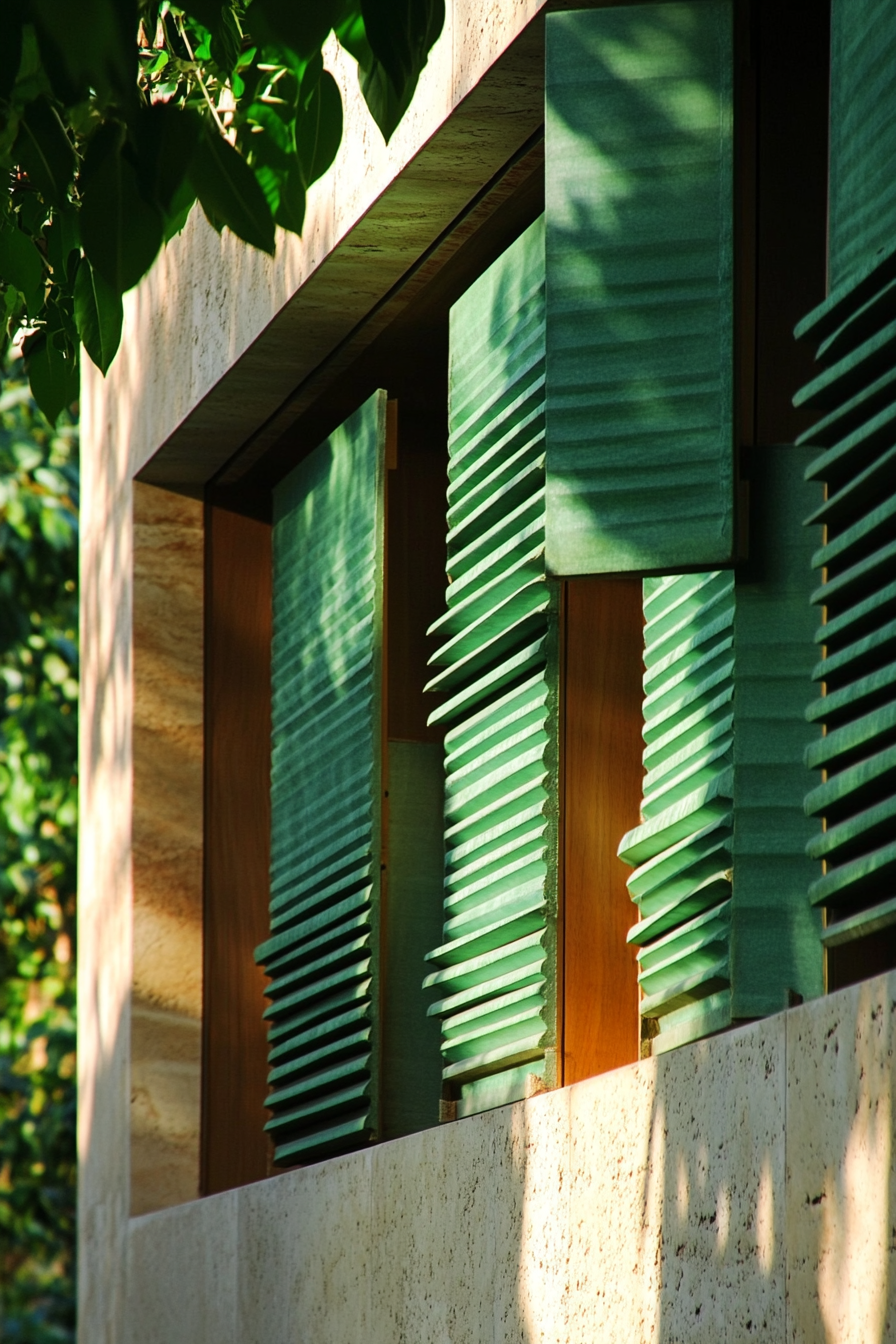 Exterior with green horizontal patters.