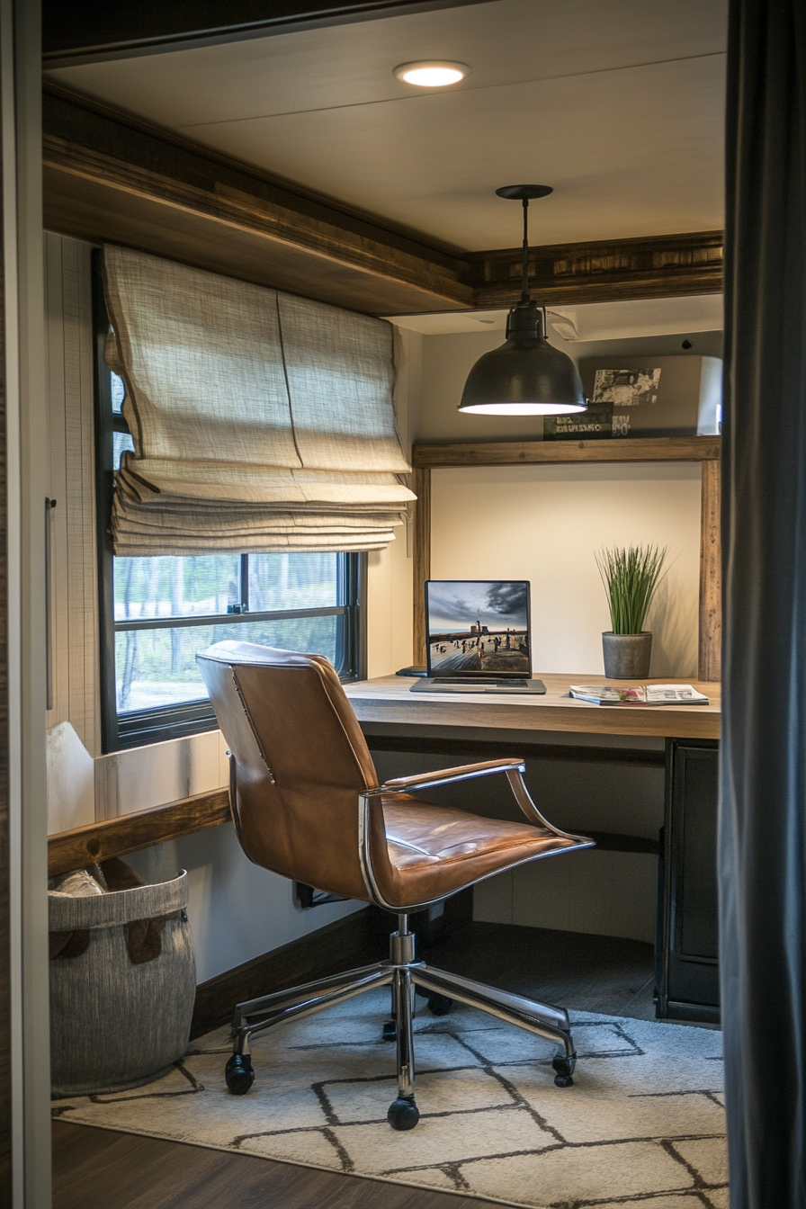 Mobile office within RV. Swivel chair, pedestal table, pendant light.