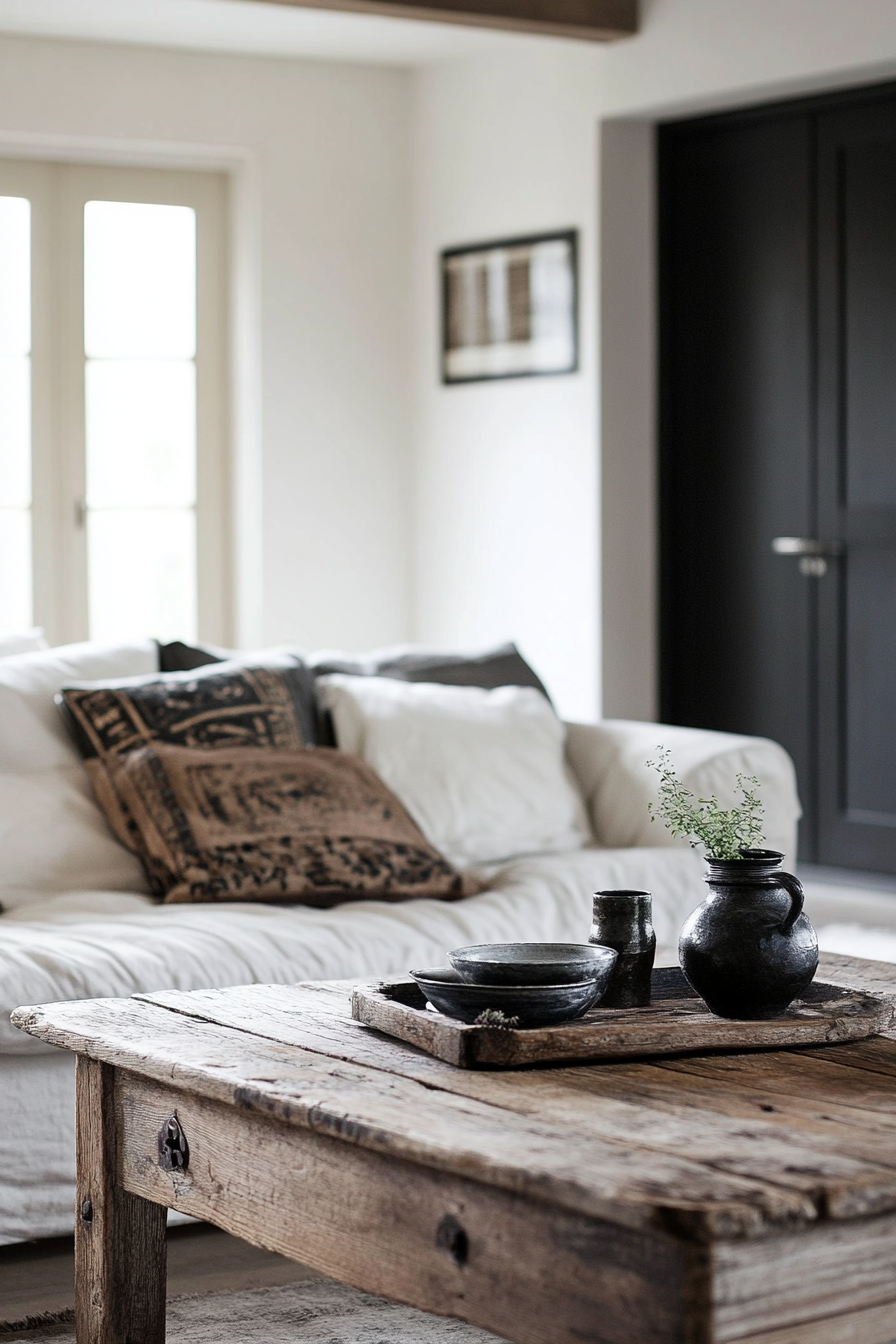 Living room. Distressed wooden coffee table with mismatched cushions.