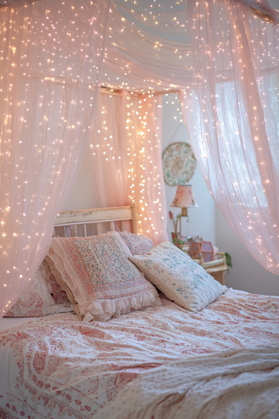 Bohemian bedroom. Canopy bed with draped, soft pink fairy lights.