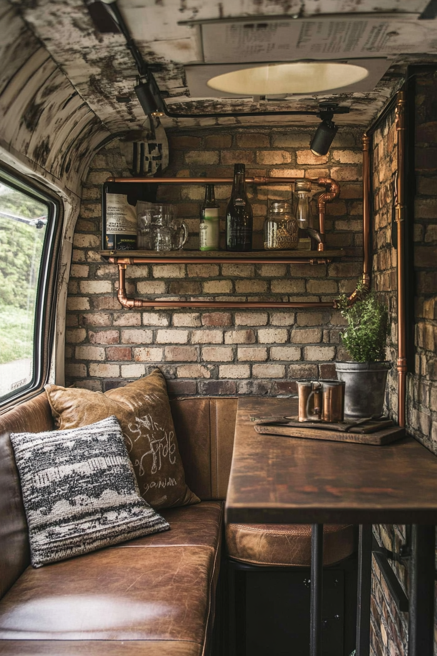 Camper van. Brick wall with copper pipe shelving and distressed leather seating.