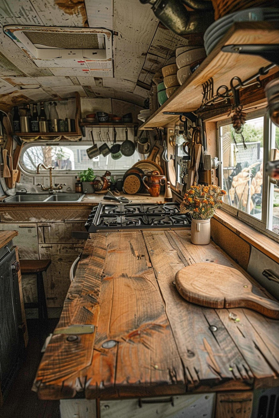 Camper van kitchen. Wooden countertops with iron accents.