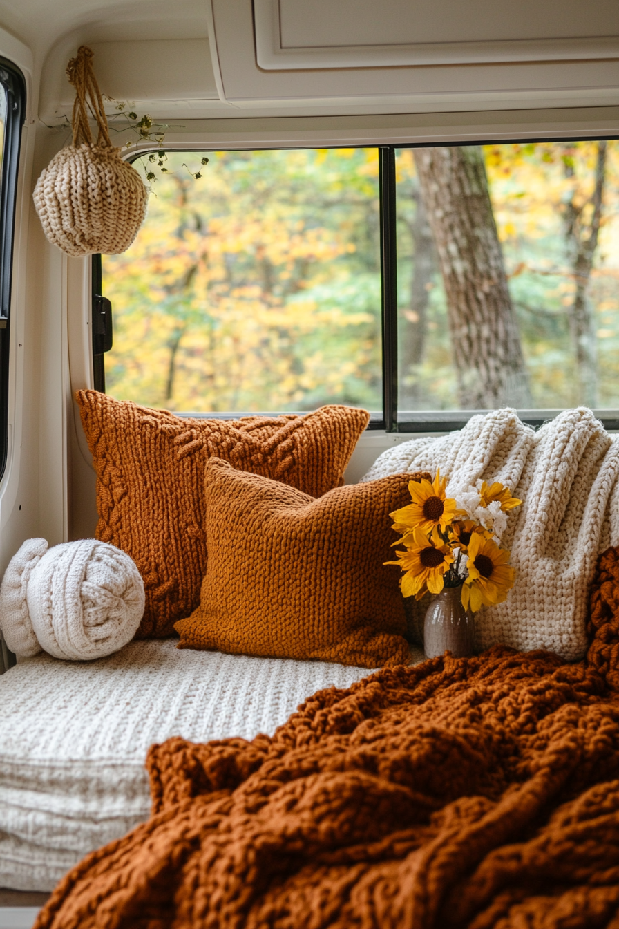 Cozy fall RV Interior. Amber throw pillows on dock ottoman against knitted walnut brown blanket.