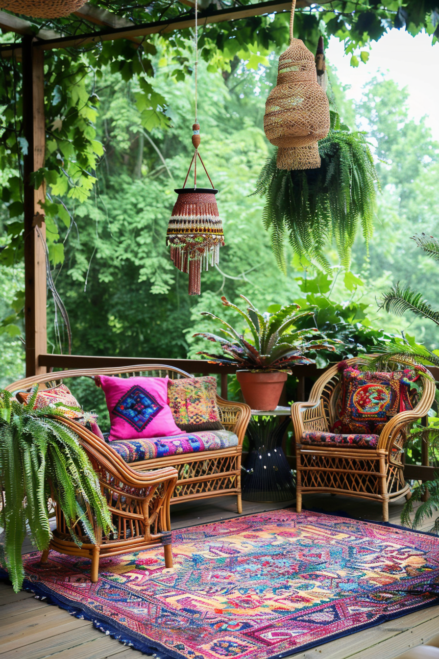 Chic Boho patio. Rattan furniture with colorful ethnic cushions and hanging ferns.