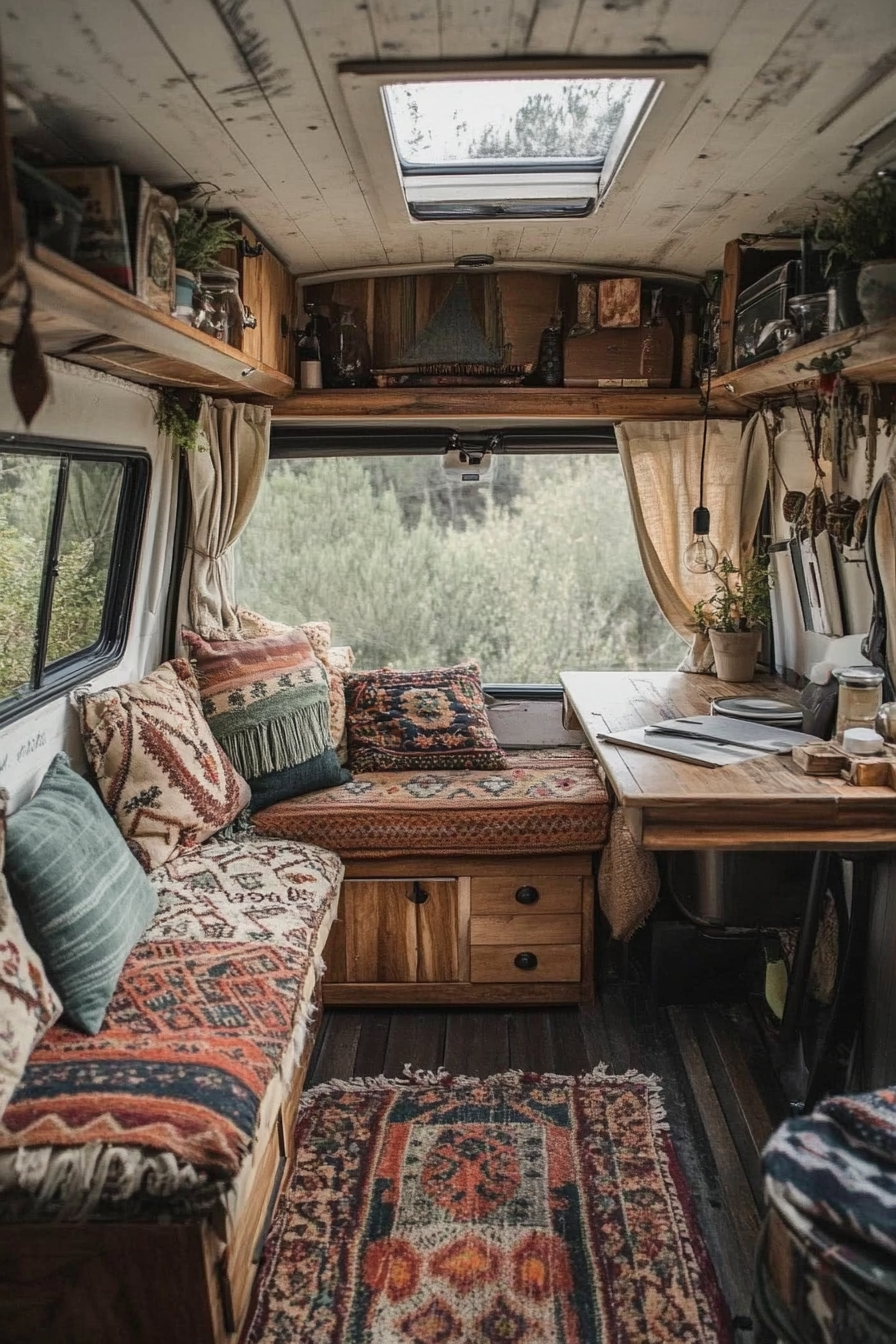 Camper Van Interior. Bohemian cushions with removable desk near the window.