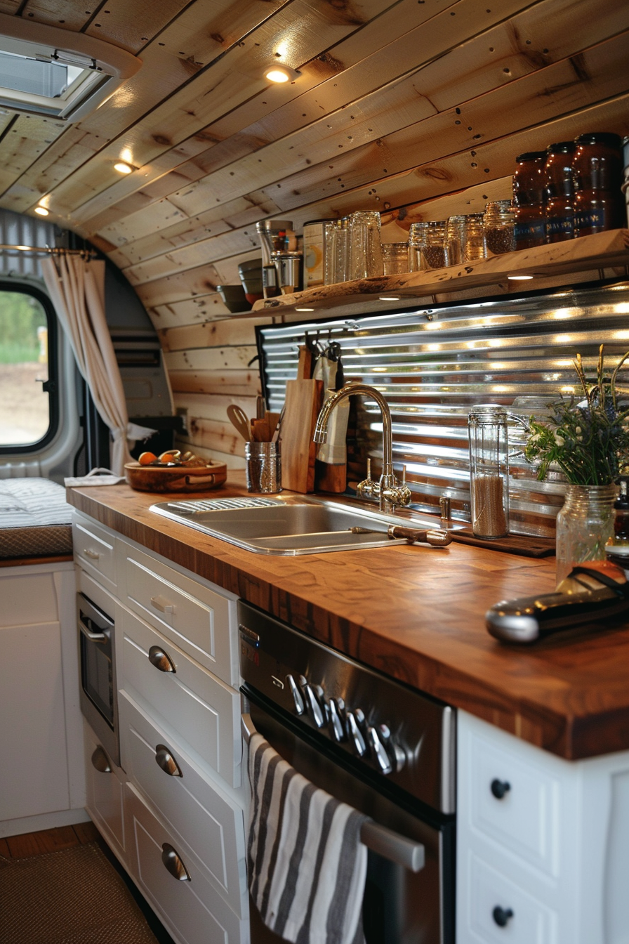 Rustic camper van kitchen.  Teak wood countertop with tin-style backsplash.