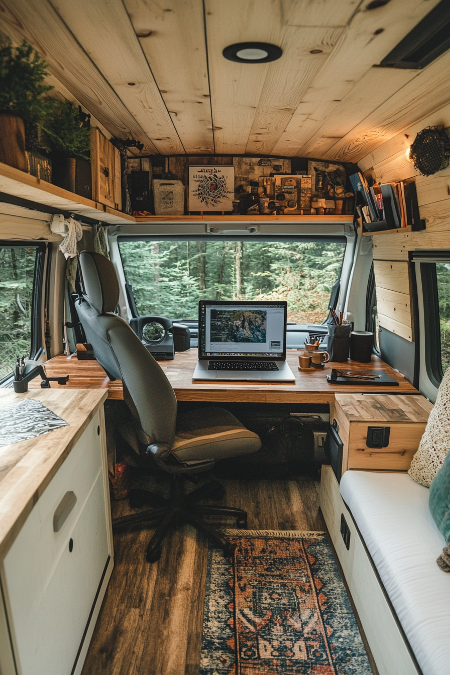 Converted van workspace. Modern nomadic digital nomad setup with panoramic window.