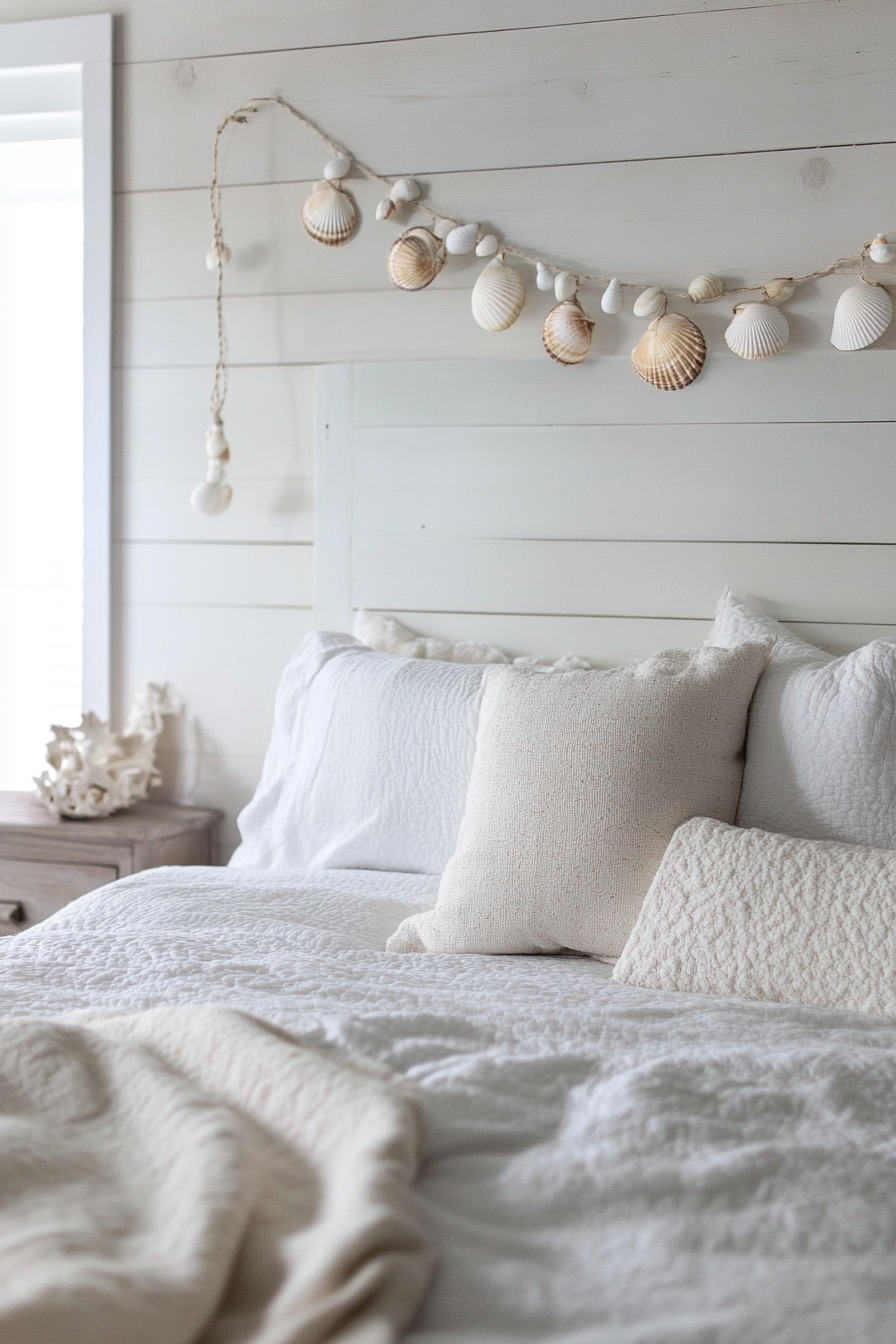 Coastal bedroom. Whitewashed shiplap walls with DIY seashell garland.