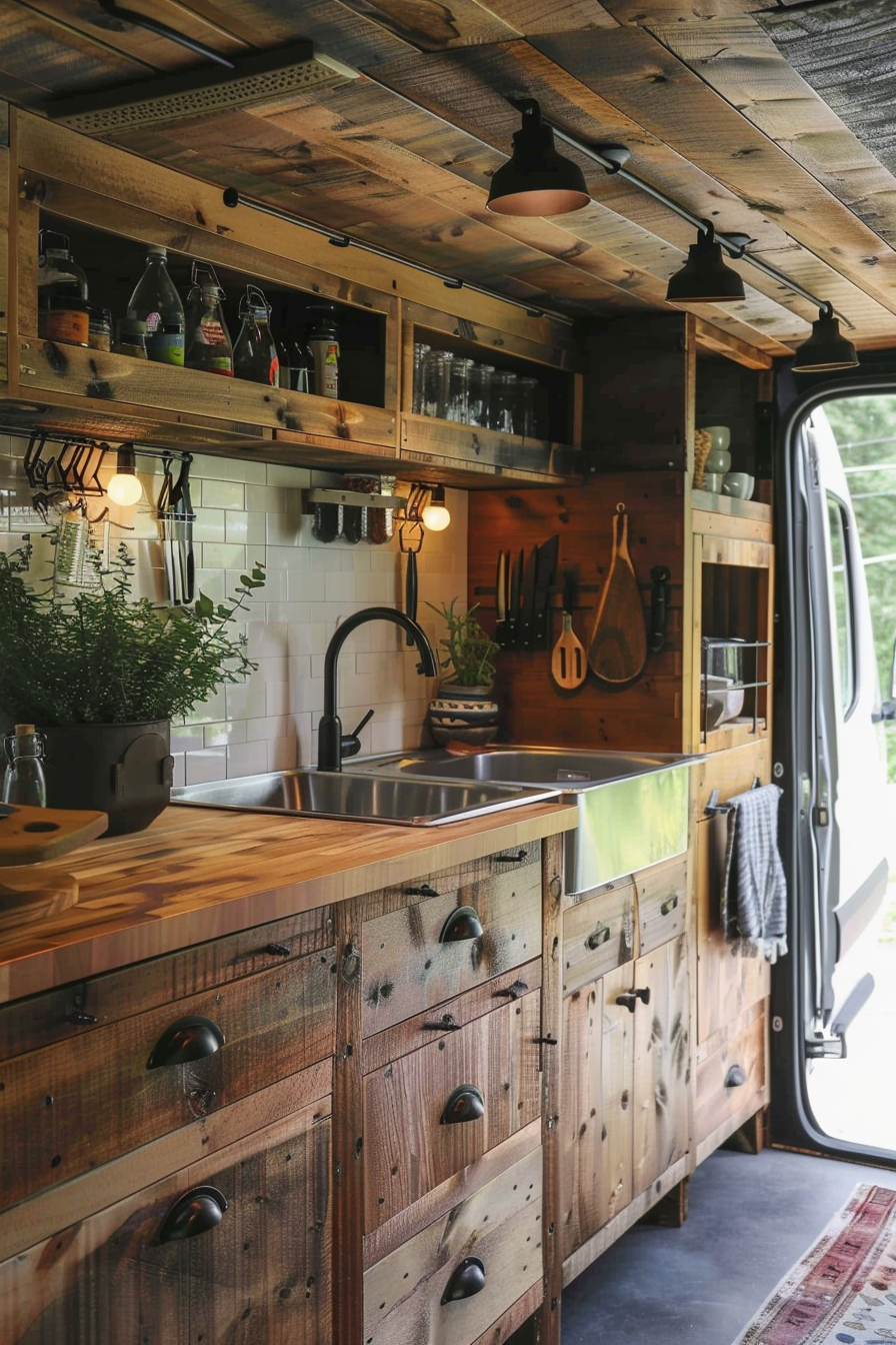 Camper van kitchen. Exposed wood cabinetry with wrought iron handles.