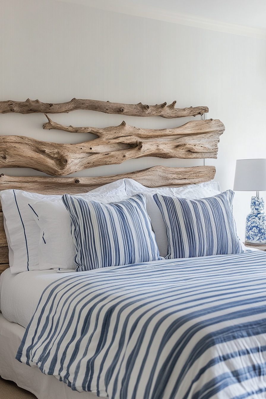 Coastal bedroom. DIY decor with driftwood headboard and blue striped bedding.