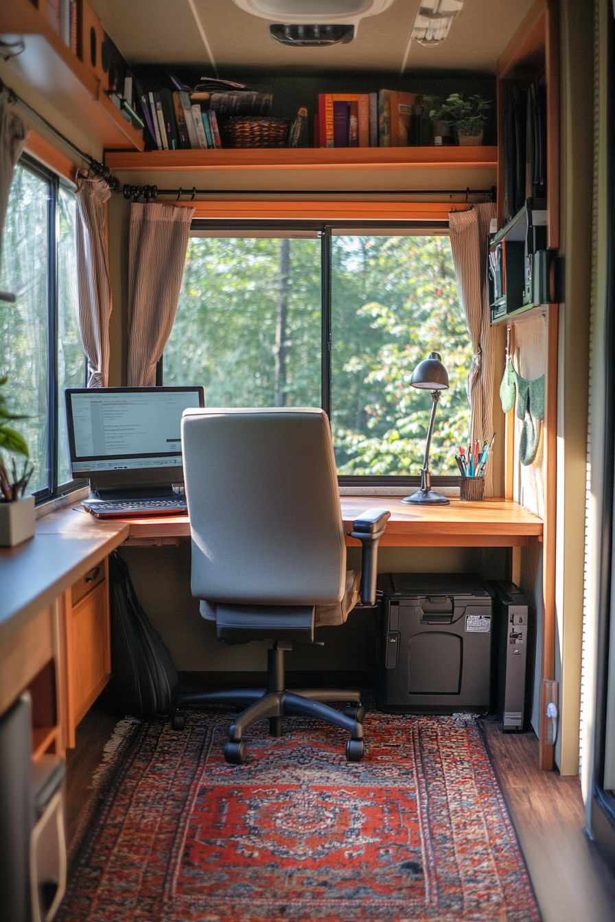 Mobile office space in RV. Desk with ergonomic chair near bay windows.