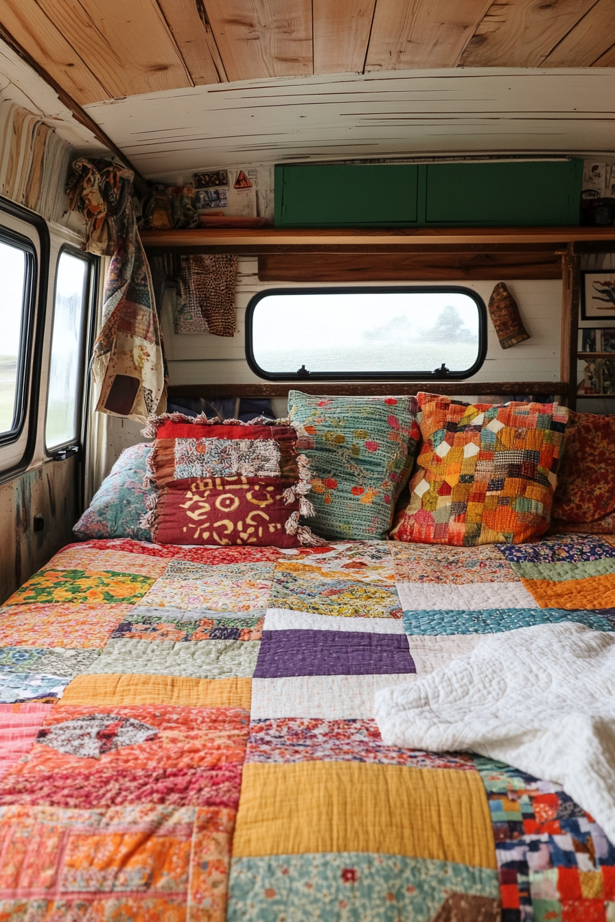 Camper interior. Vibrant patchwork quilt on a rustic bed frame.