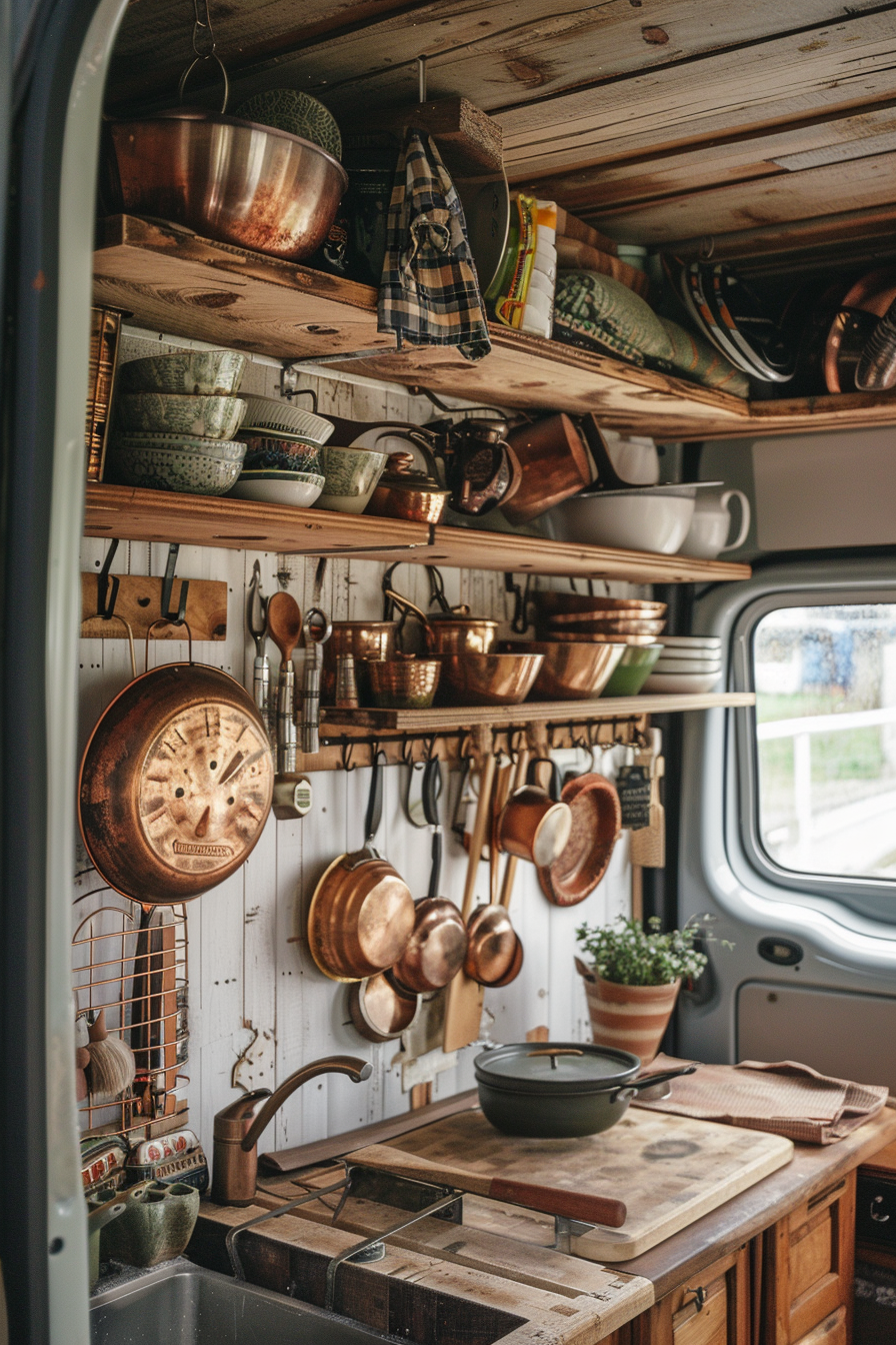 Camper van kitchen. Wooden shelves with copper pans hanging.