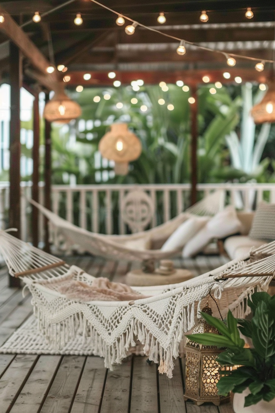 Chic Boho patio. White macrame hammocks and Moroccan lanterns under string lights.