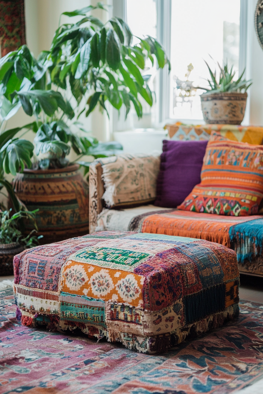 Boho living room. Patchwork ottoman with mismatched cushions in earthy colors.