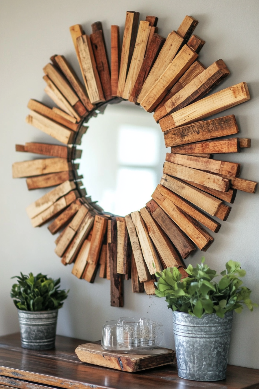 DIY wall decor idea. Rustic starburst mirror with wood shims.