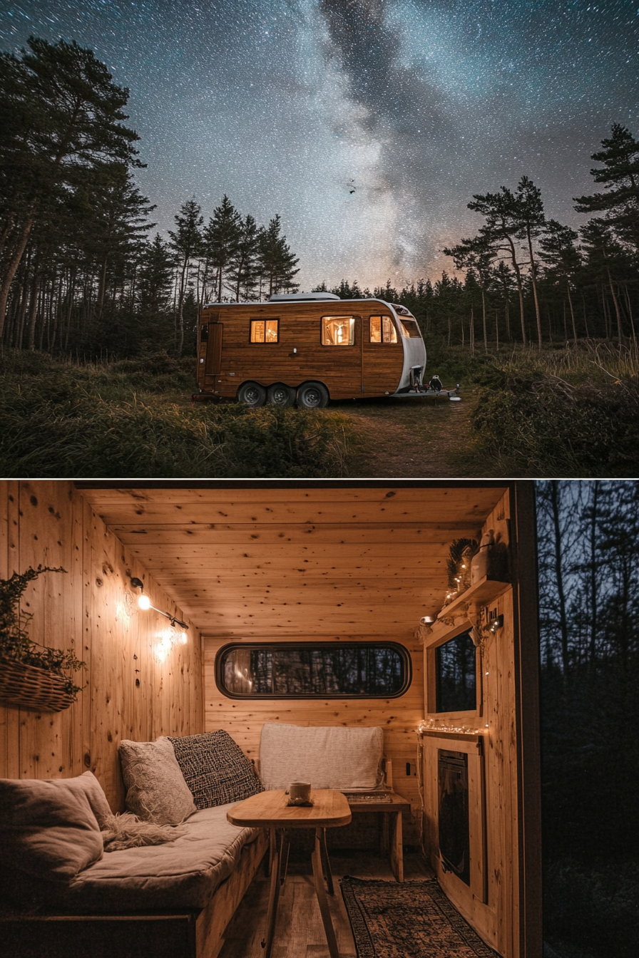 Split image. Interior of a cozy tiny house camper and exterior under the starry night sky.