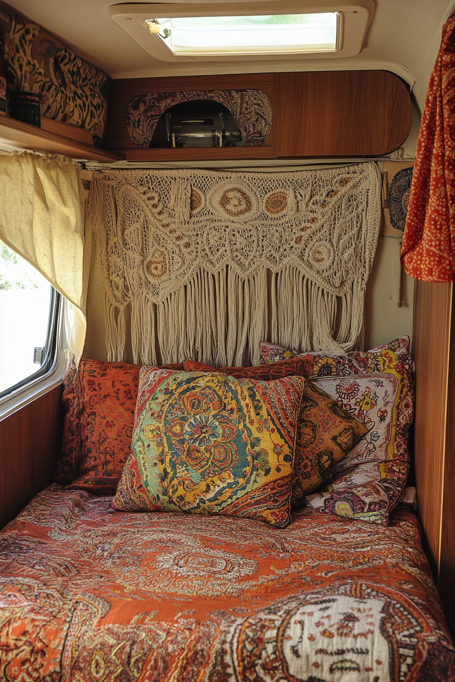 Camper interior. Playful paisley-print cushions with draping macrame wall hangings.