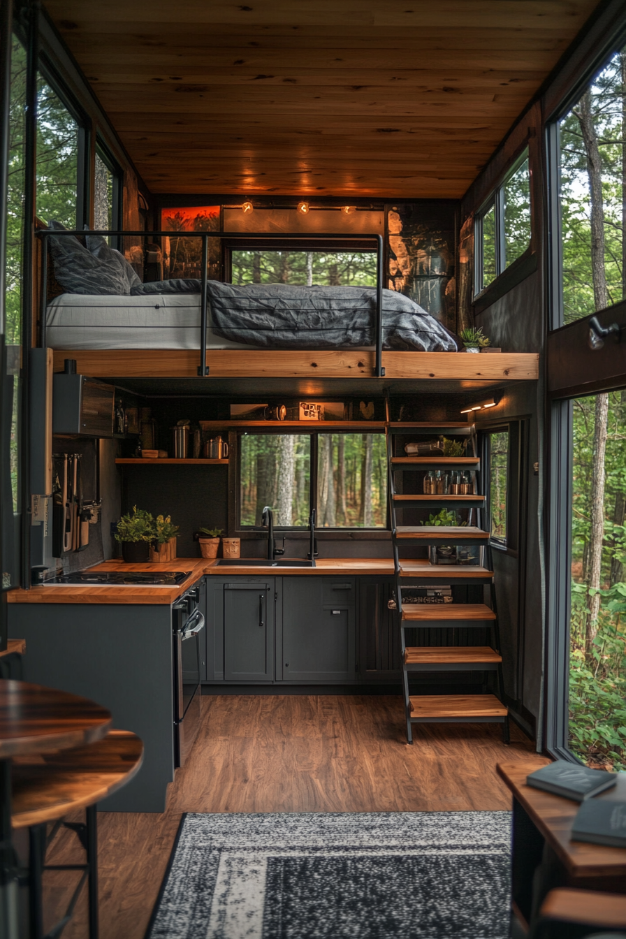 Tiny House Camper image. Interior featuring loft bedroom, exterior in forest setting.