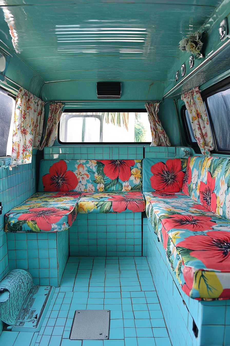 Camper van interior. Turquoise tiles with hibiscus-patterned seat covers.