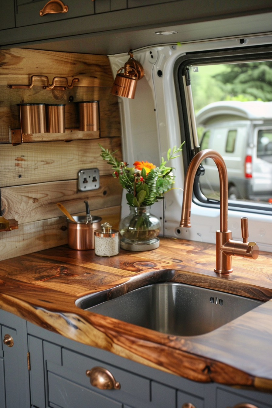 Camper van kitchen. Hardwood countertop with copper fixtures.