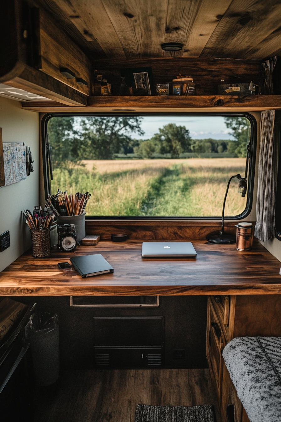 Mobile office space. Walnut desk by extended RV window overlooking a rustic countryside.