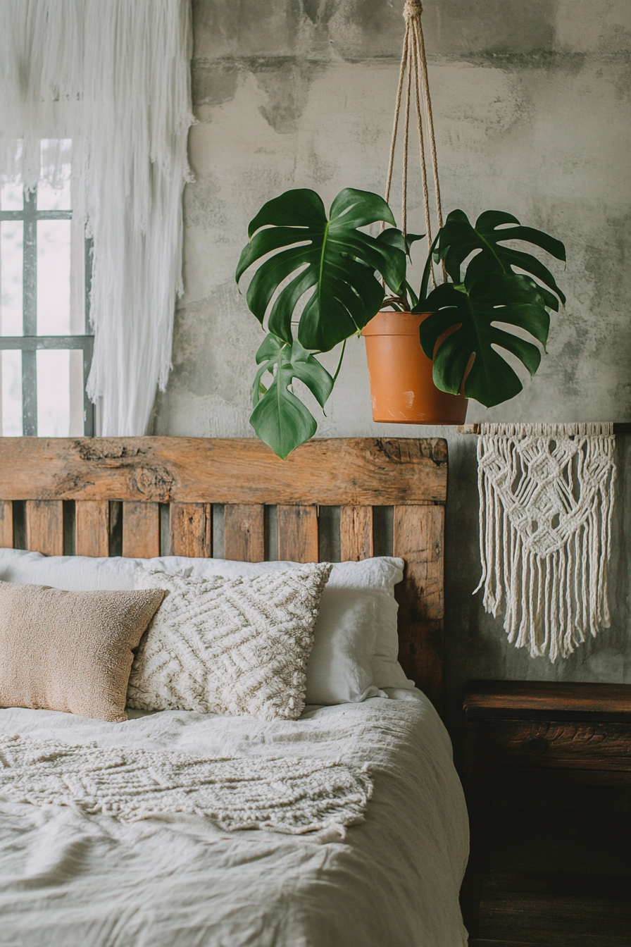 Earthy boho bedroom. Hanging macramé, terracotta pot with thriving monstera, rustic wooden headboard.