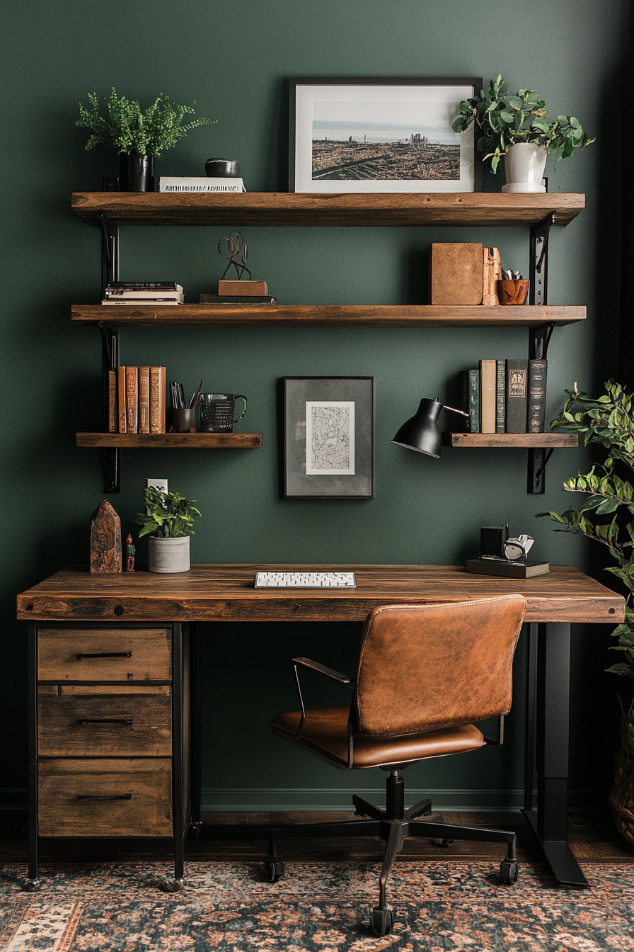 Home office inspiration. Industrial style desk with floating shelves against a dark green wall.