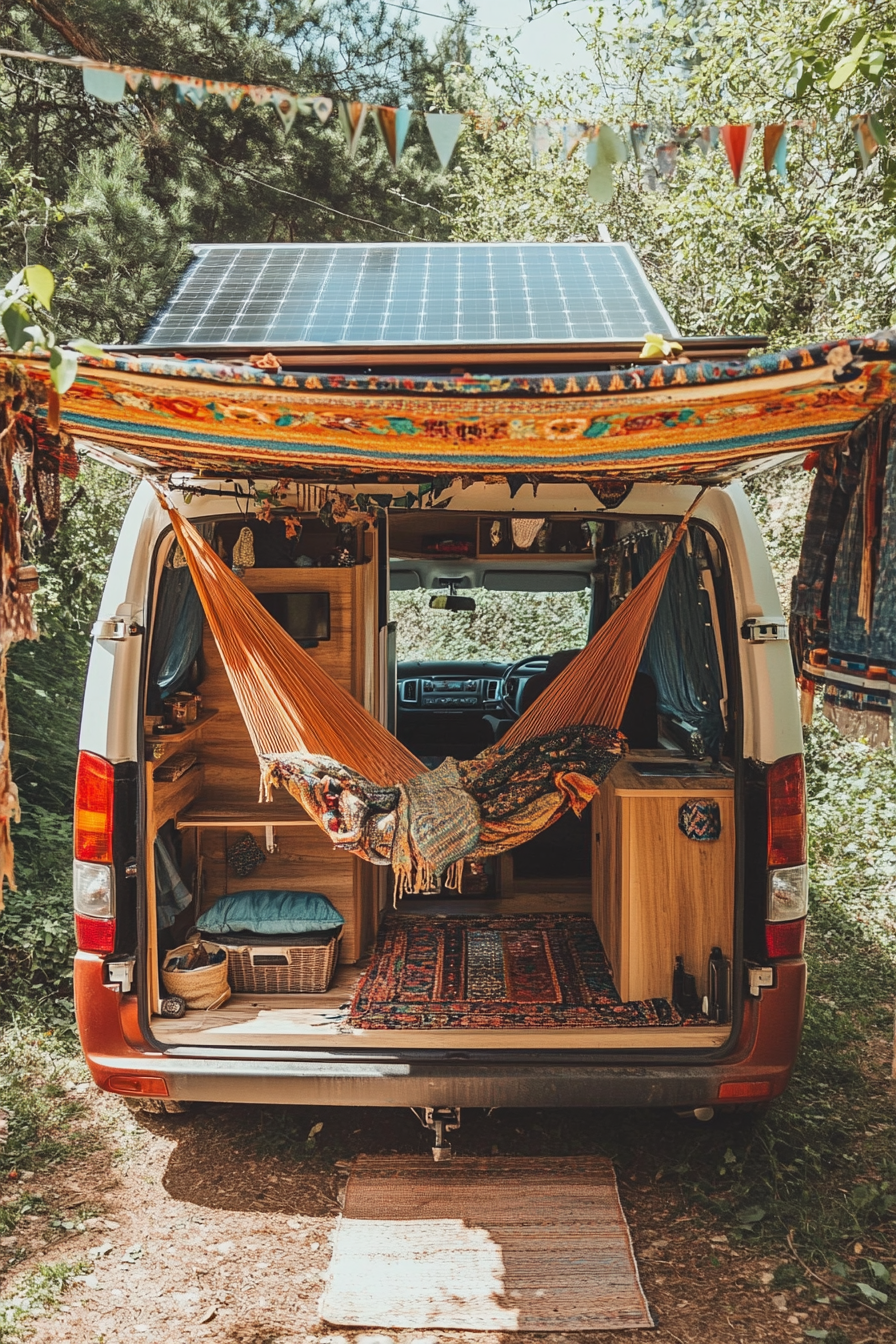 Hippie camper van. Hammock, rooftop desk with solar panels.