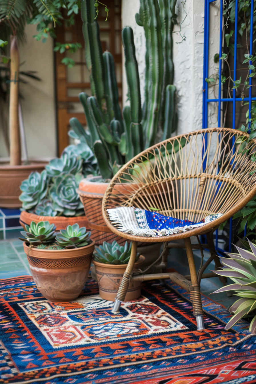 Chic Boho patio. Peacock chair, colorful ethnic rug, succulents in terracotta pots.