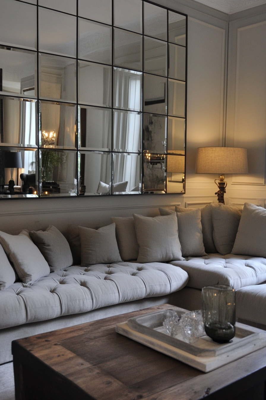 Living room inspiration. Compact sectional sofa with mirror wall decor.