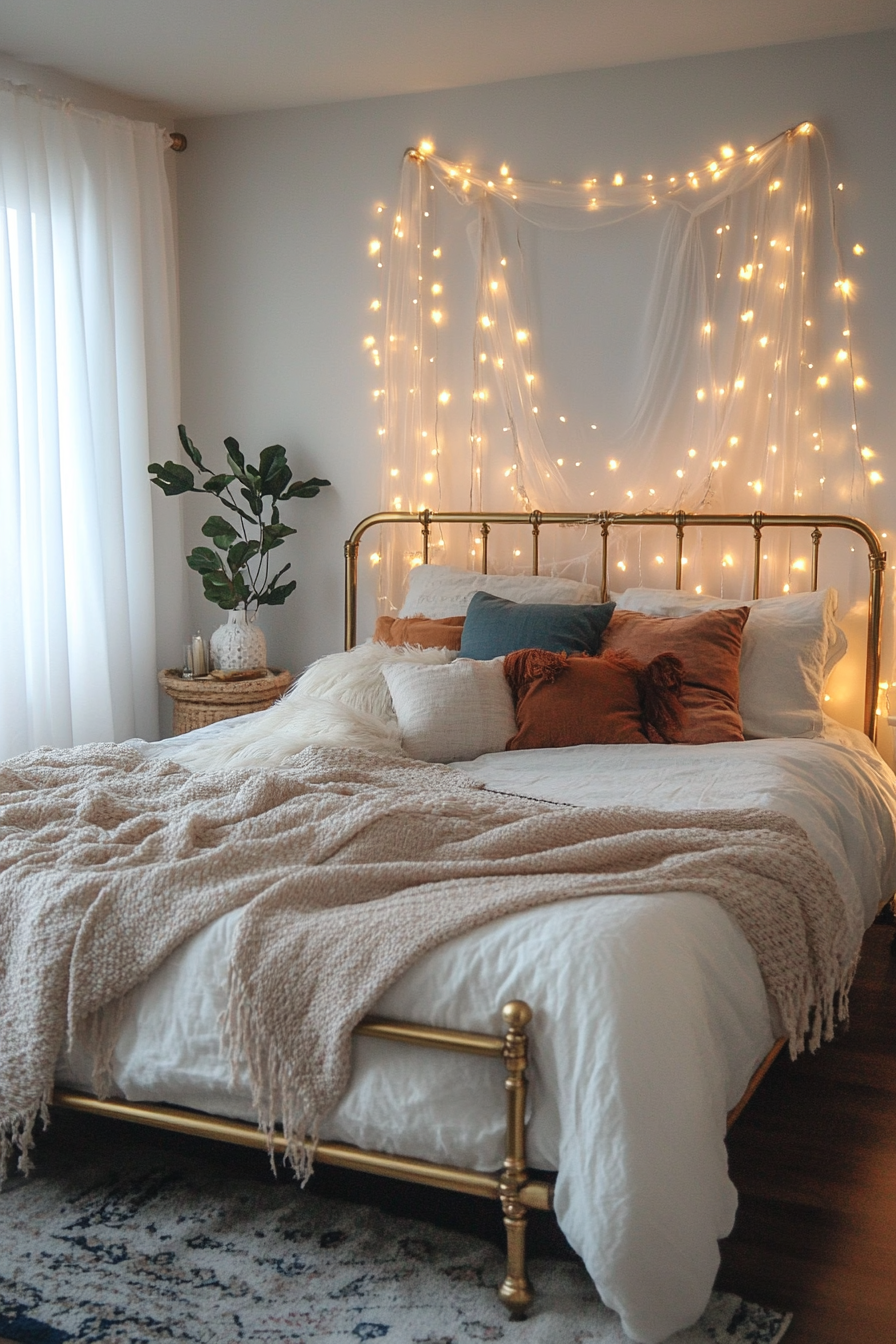 Boho whimsical bedroom. Brass bed frame with draped fairy lights