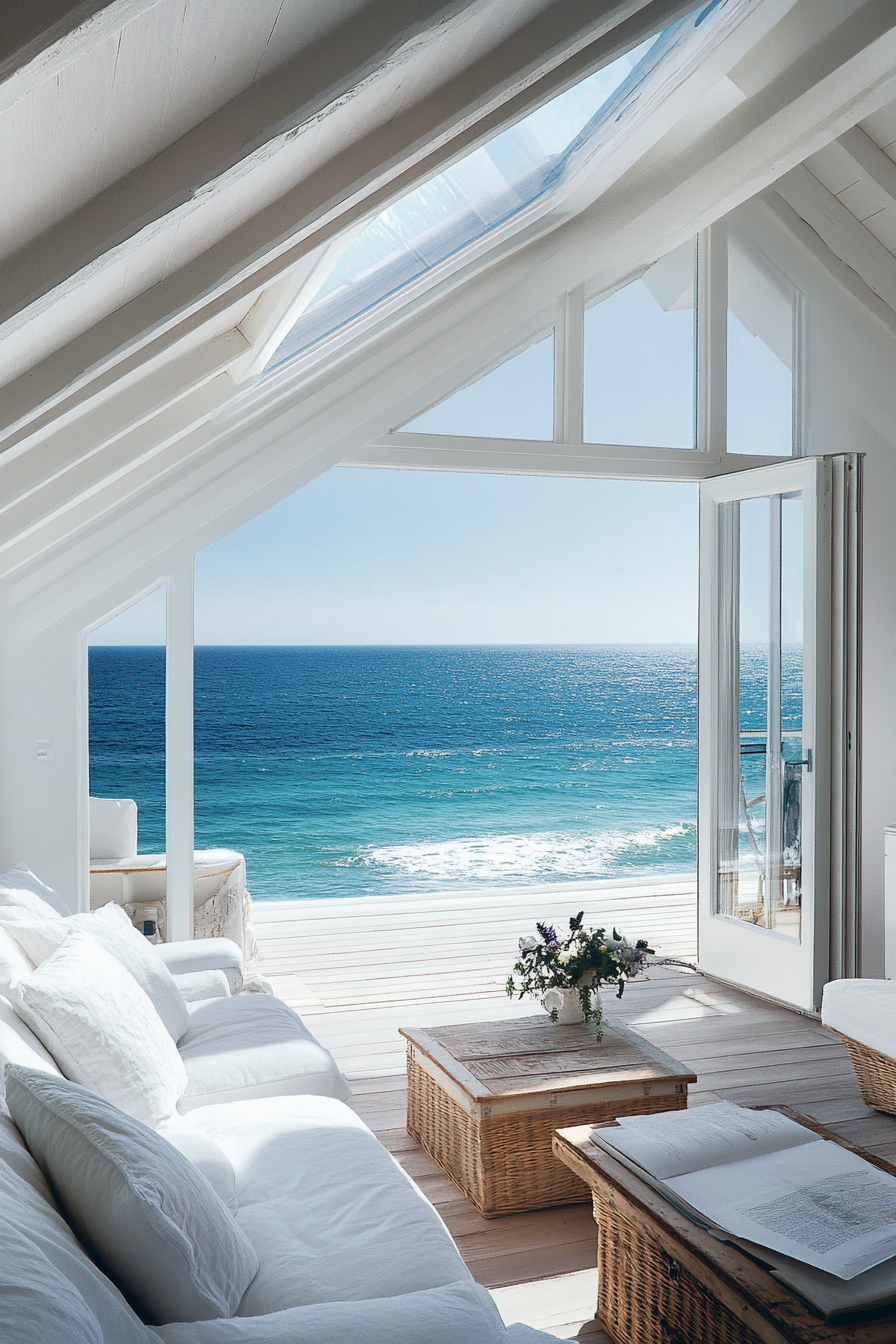 Compact beach house. Skylight, whitewashed wood, deck overlooking the blue-green ocean.