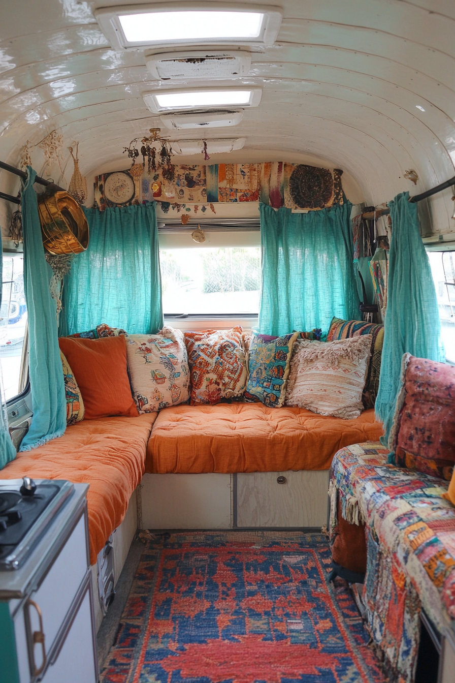 Eclectic camper interior. Turquoise curtains complementing tangerine throw pillows with patchwork rug.