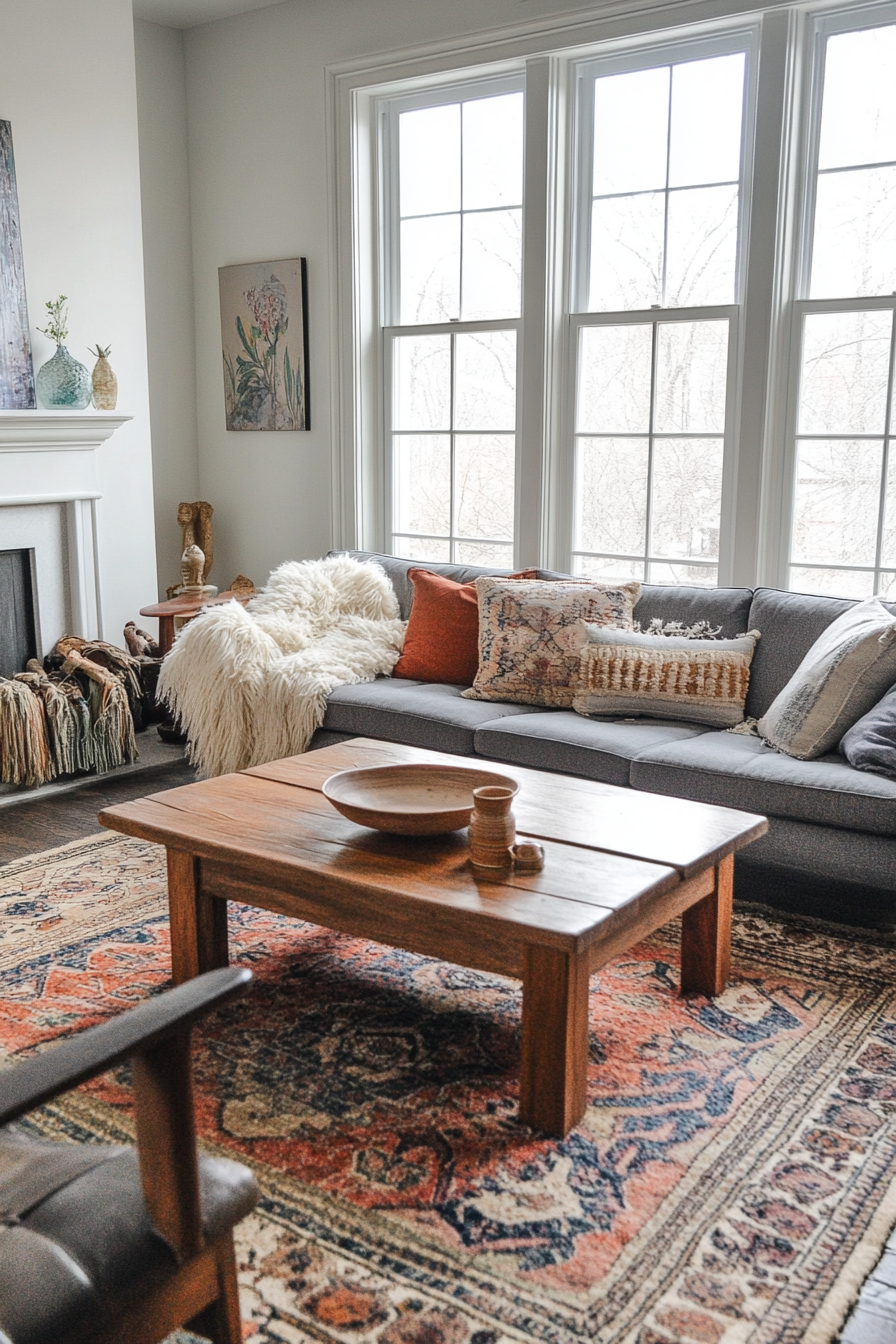 Living room design. Vintage tribal rug with warm tones and tassels.