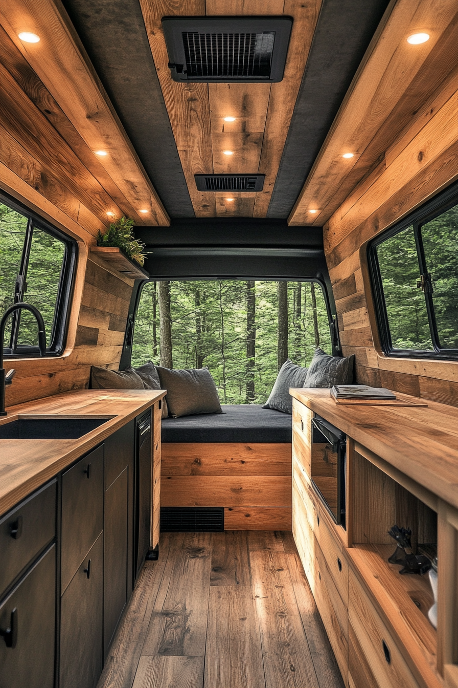 Camper van. Wood interior with black steel-framed windows.