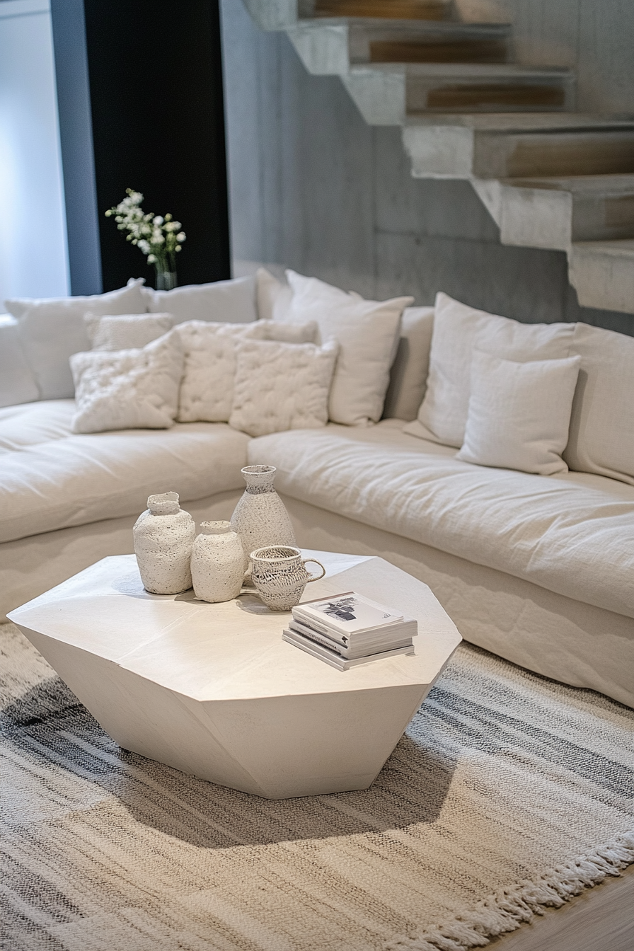 Urban tiny living room. Off-white chic sofa set with geometrical coffee table.