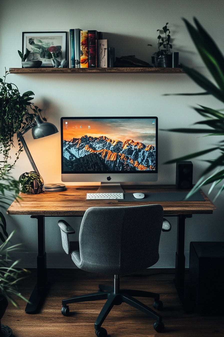 Remote work setup. Oak desk with flat-screen monitor and grey rolling chair.