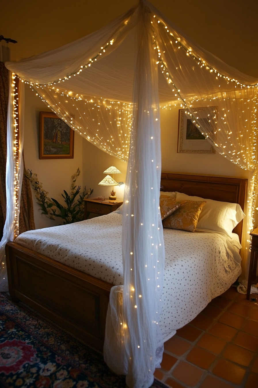 Boho whimsical bedroom. Canopy bed with draped fairy lights.