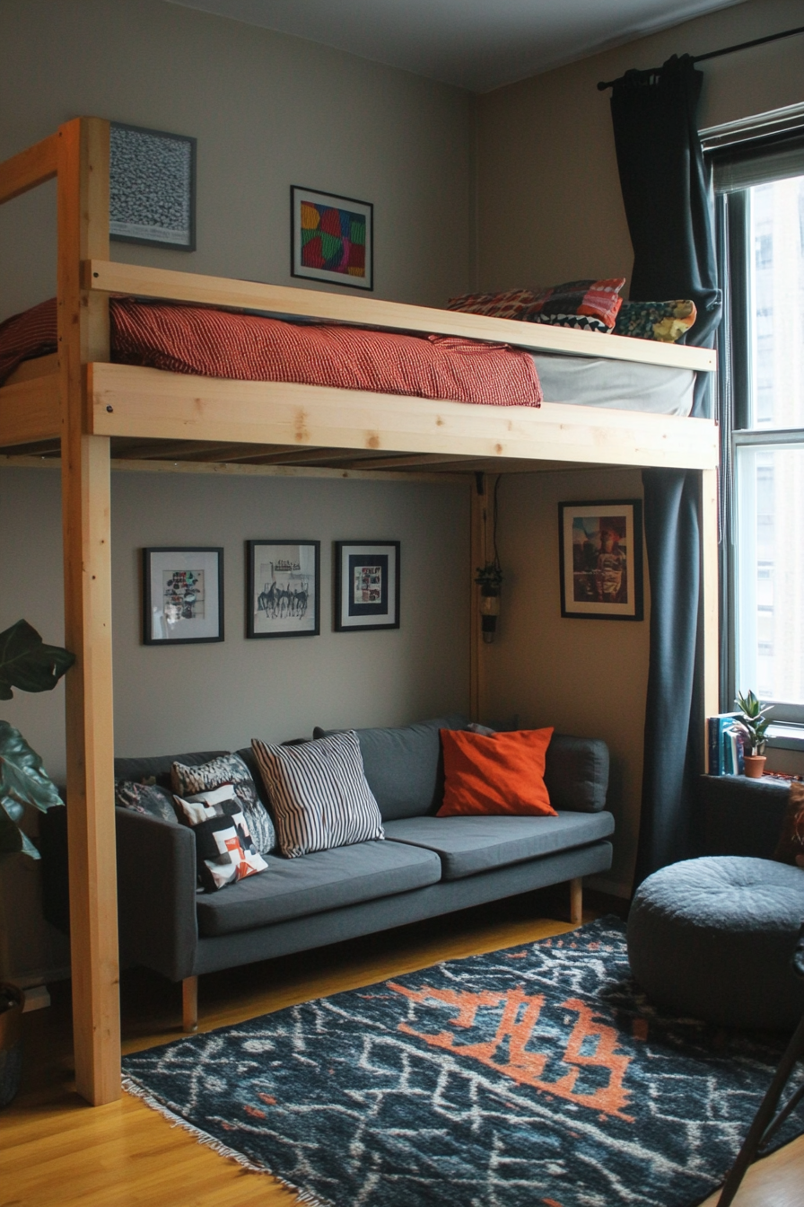 Living room inspiration. A charcoal grey loveseat under light maple loft bed.