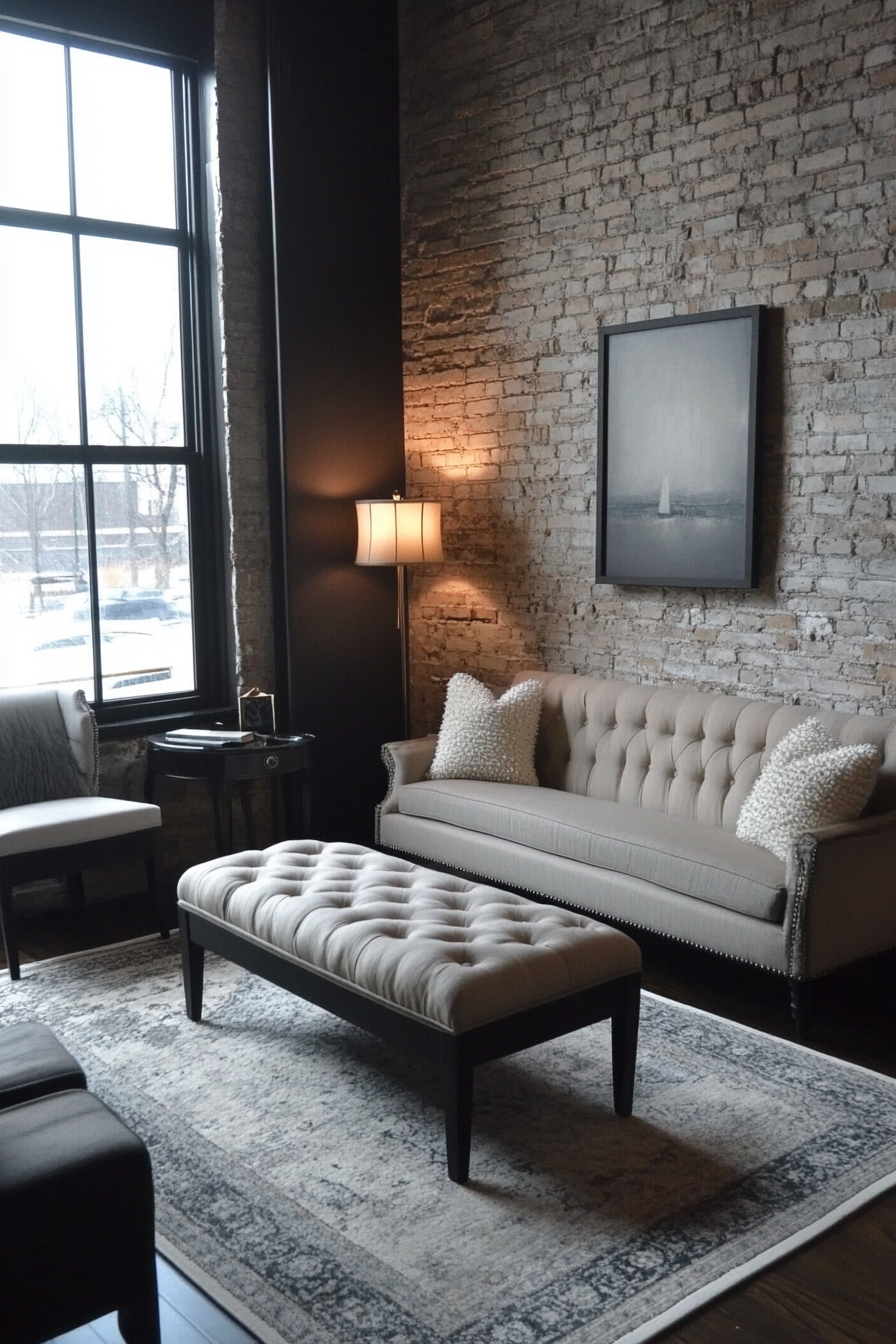 Urban tiny living room. Espresso toned furniture with cream throw pillows against brick wall.