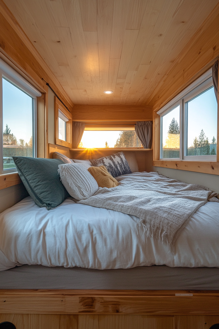 Tiny House Camper. Spacious loft bedroom with exterior of the sunrise reflected on windows.