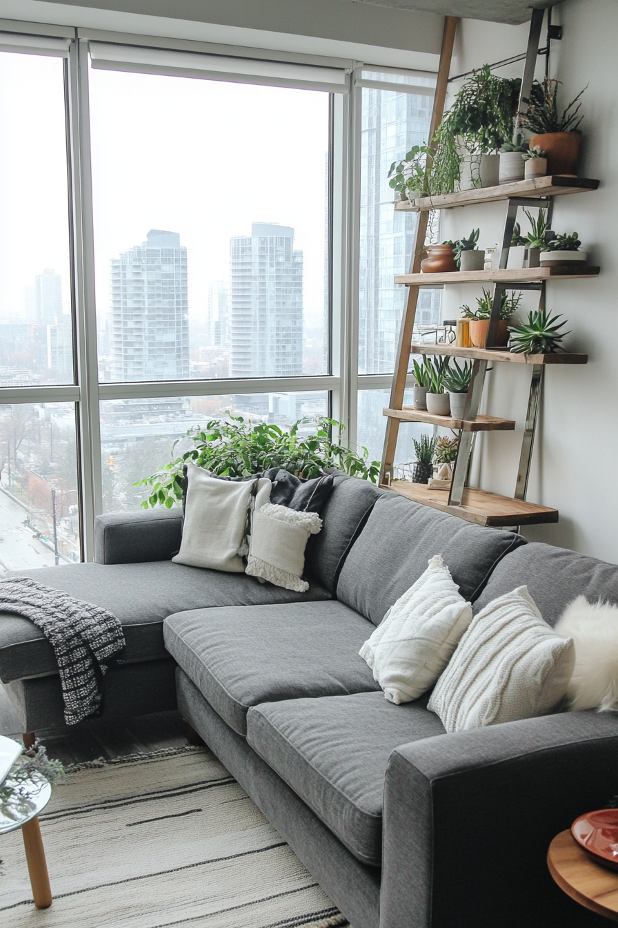 Urban tiny living room. Grey sectional, ladder shelf, succulents, floor-to-ceiling window with city view.