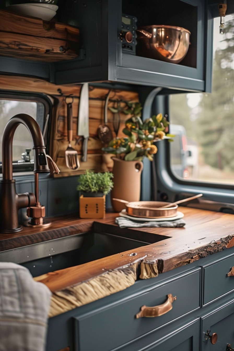 Rustic camper van kitchen. Wood countertops and copper cookware.