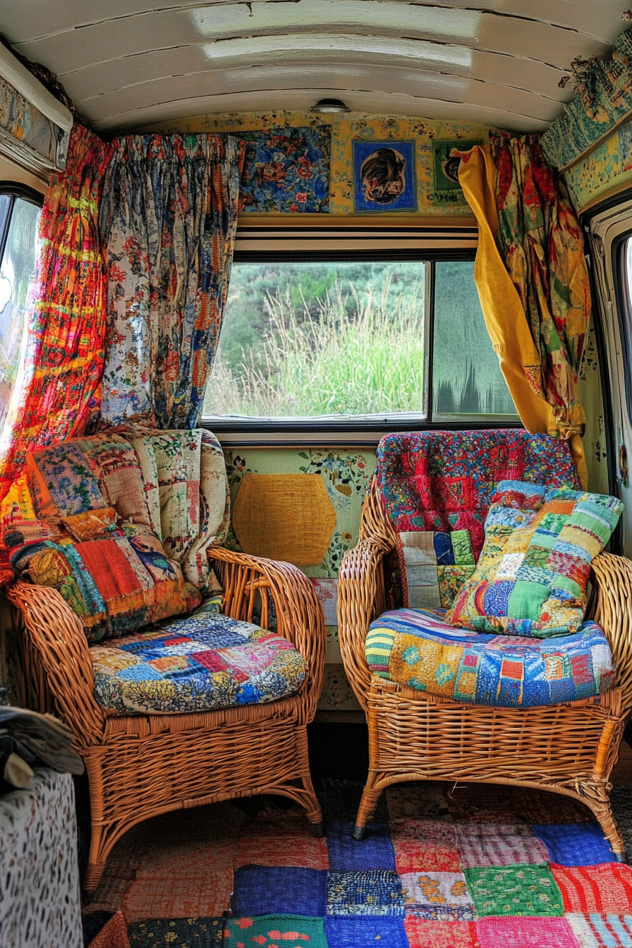 Camper interior. Multicolored fabric drapes and wicker chairs with patchwork quilt.