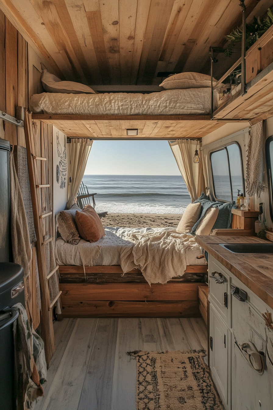 Tiny house camper. Half view rustic interior, half view beachfront exterior.