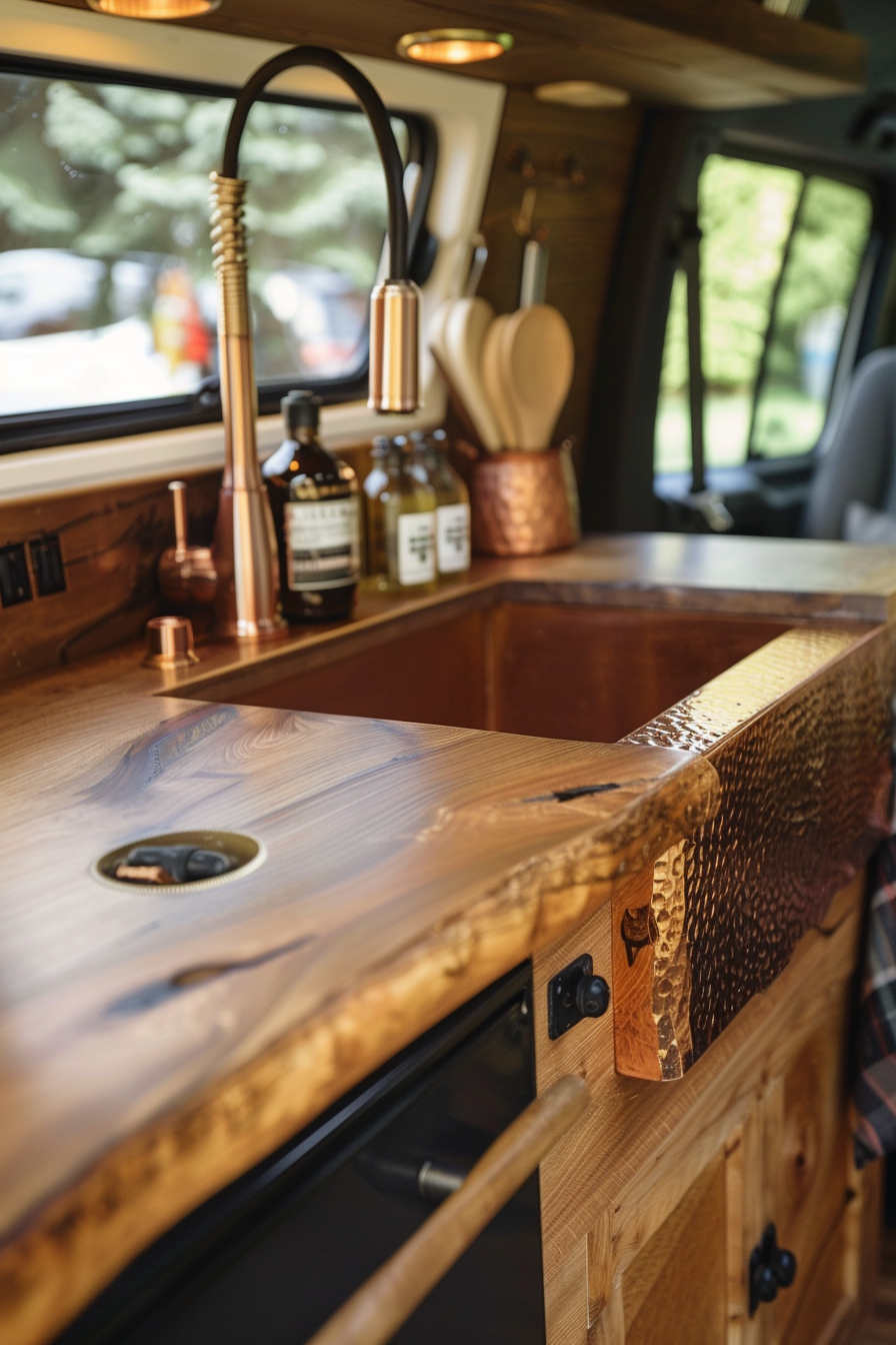 Camper van kitchen. Oak wood countertop with copper sink.